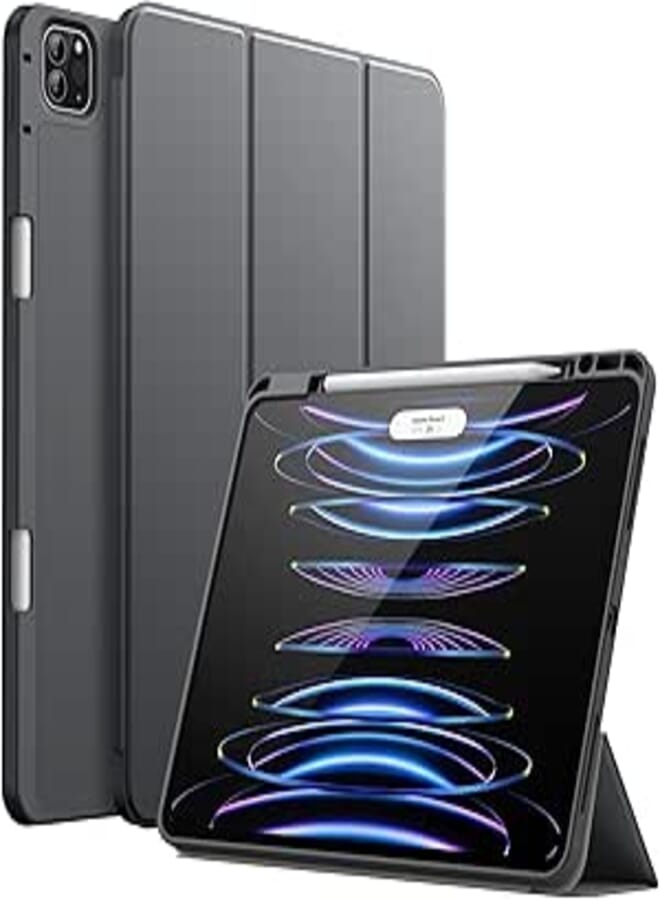JETech iPad Pro 12.9 Inch Case (6th/5th Generation, 2022/2021 Model) Case with Pen Holder, 2nd Pencil Charging Support, Slim Tablet Case with Soft TPU Back (Space Grey)